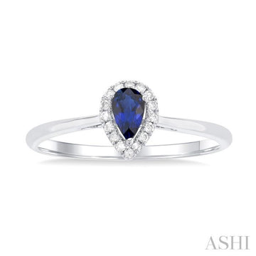 5x3 MM Pear Shape Sapphire and 1/20 Ctw Single Cut Diamond Halo Precious Ring in 10K White Gold
